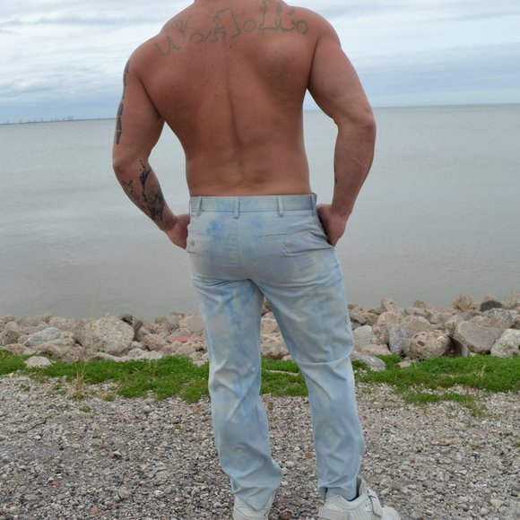 Hand Crafted Other - Men's Painted tie dyed cotton white grey blue khaki tan gray pants 32 30 medium